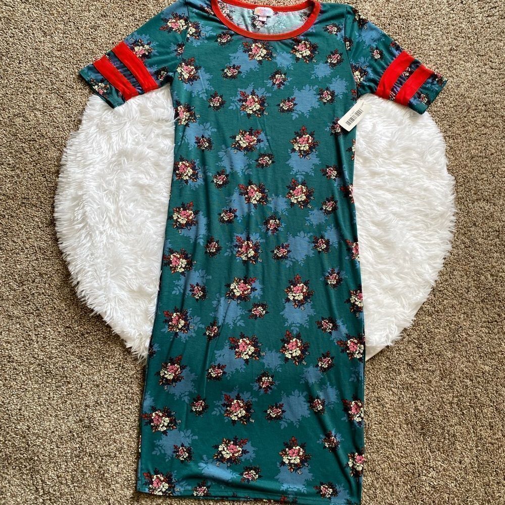 LULAROE Julia Ringer Shift Dress New Green Red‎ Womens Size Small